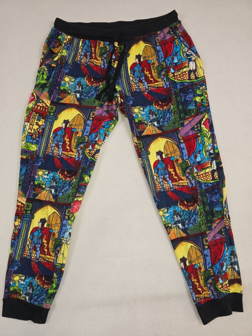 Disney Beauty & The Beast Stained Glass Jogger Lounge Pants Medium 100% Cotton